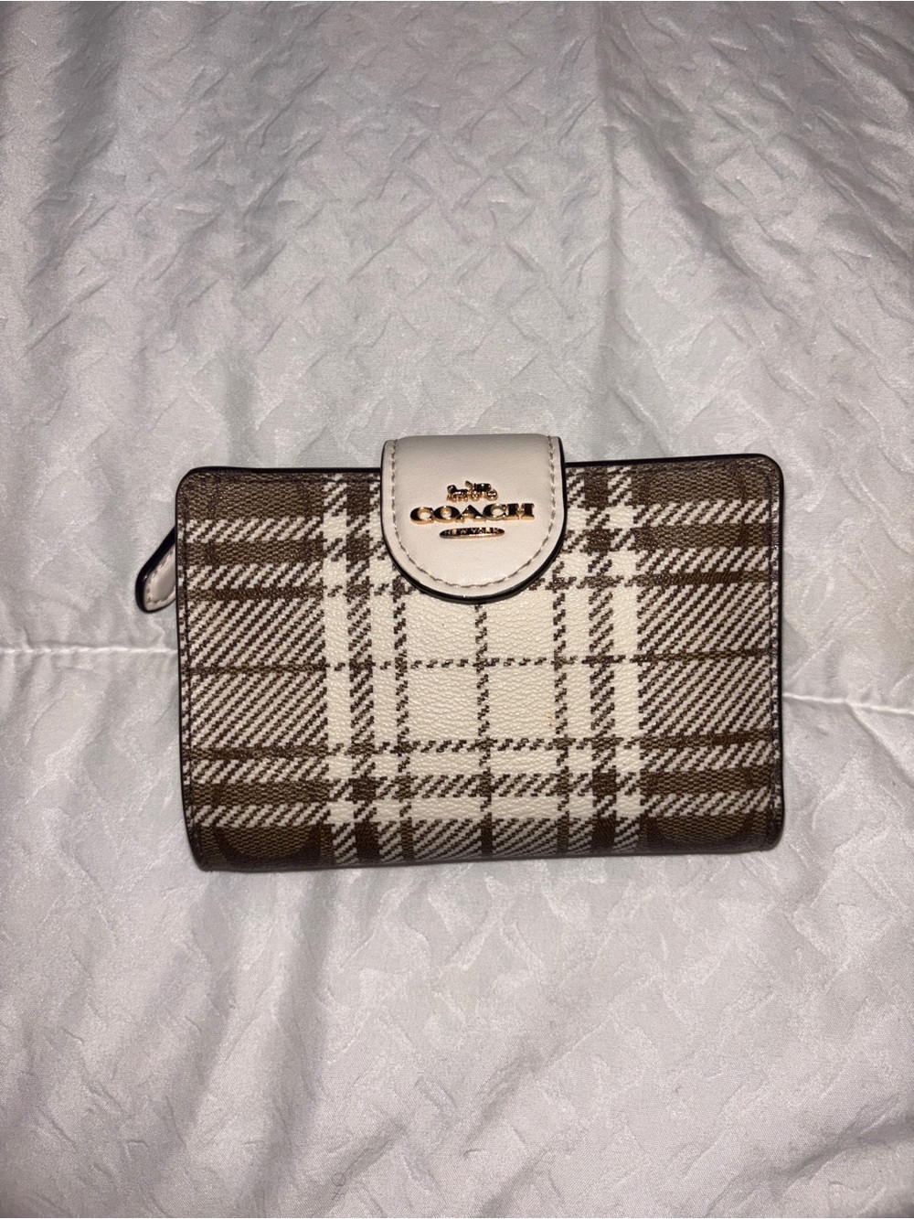 Coach Brown and White Plaid Compact Wallet